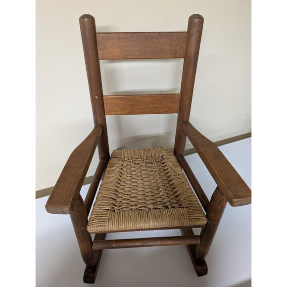 Vintage MCM 24" Wooden Child’s Rocking Chair w/ Arms & Handwoven Rattan Seat EUC - Picture 2 of 7